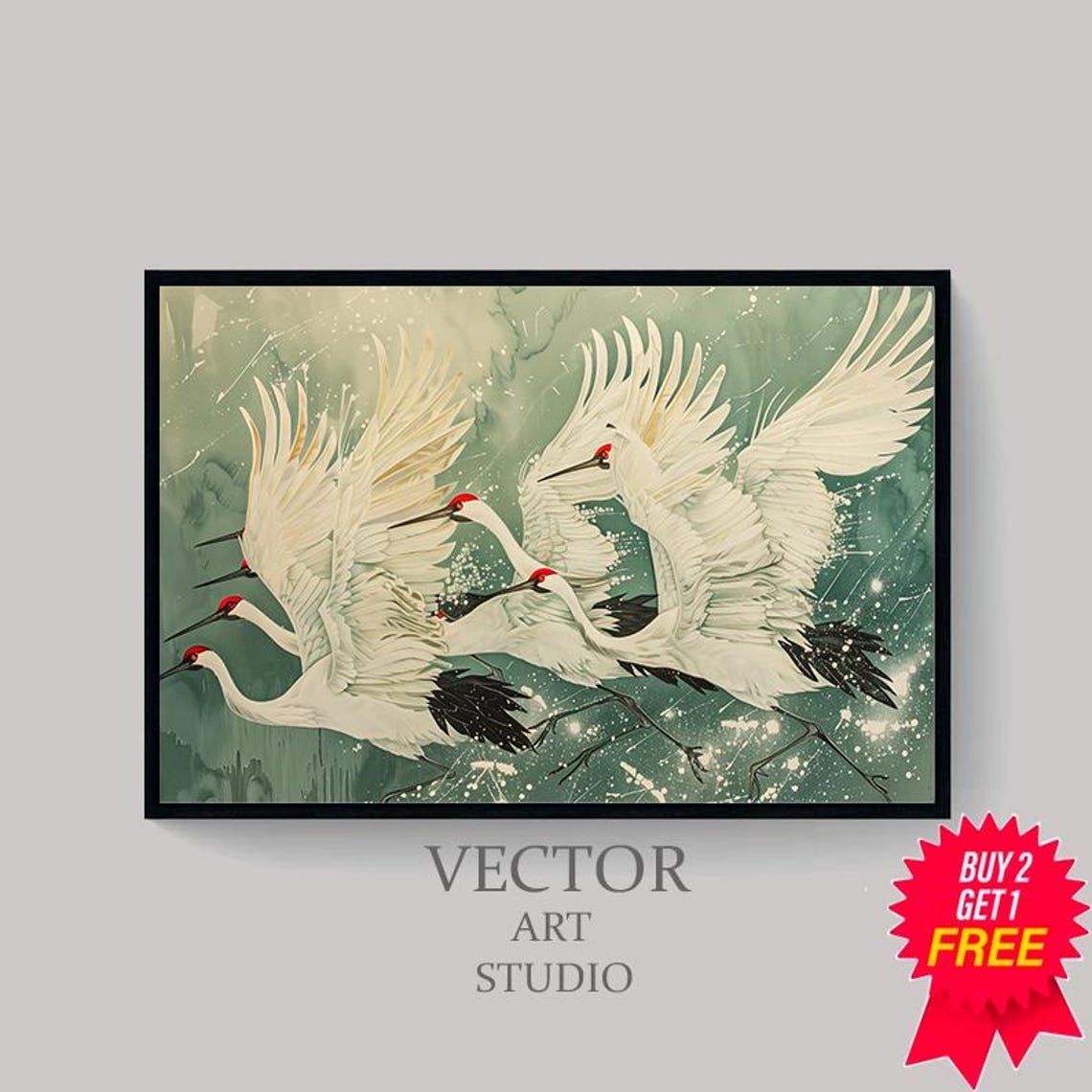 Red-Crowned Cranes in Flight Over Japanese Green Landscape Poster - Image 4