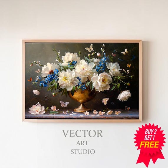 Moody Floral Tv Background Frame Tv Art Moody Flowers Blue Frame Tv Art Vintage Flower Still Life Farmhouse Painting Dark