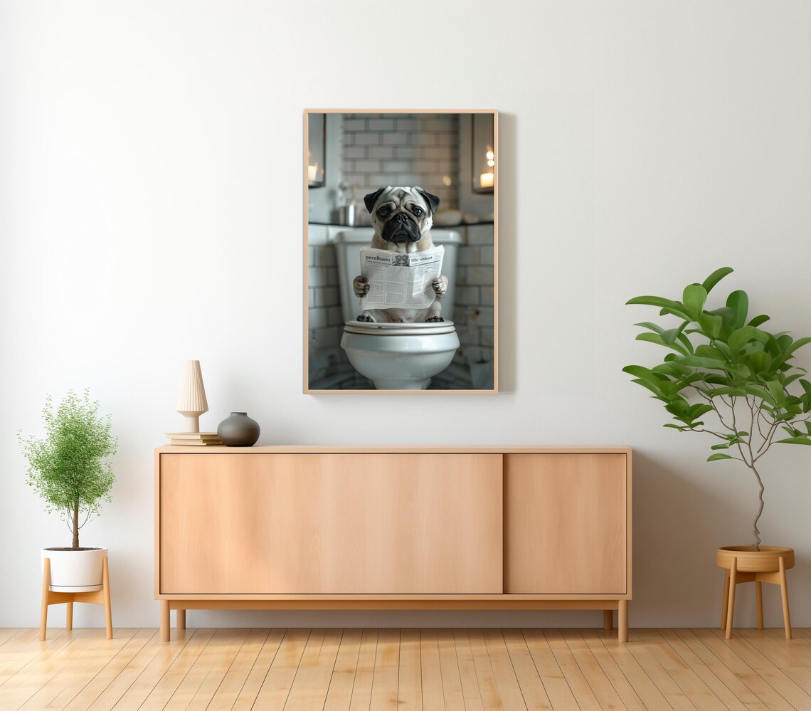 Pug on Toilet in Cozy Subway Tile Bathroom Funny Photo Poster - Image 2