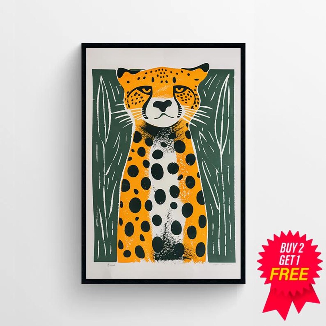 Bold Linocut Cheetah Portrait on a Deep Green Safari Art Poster - Image 4