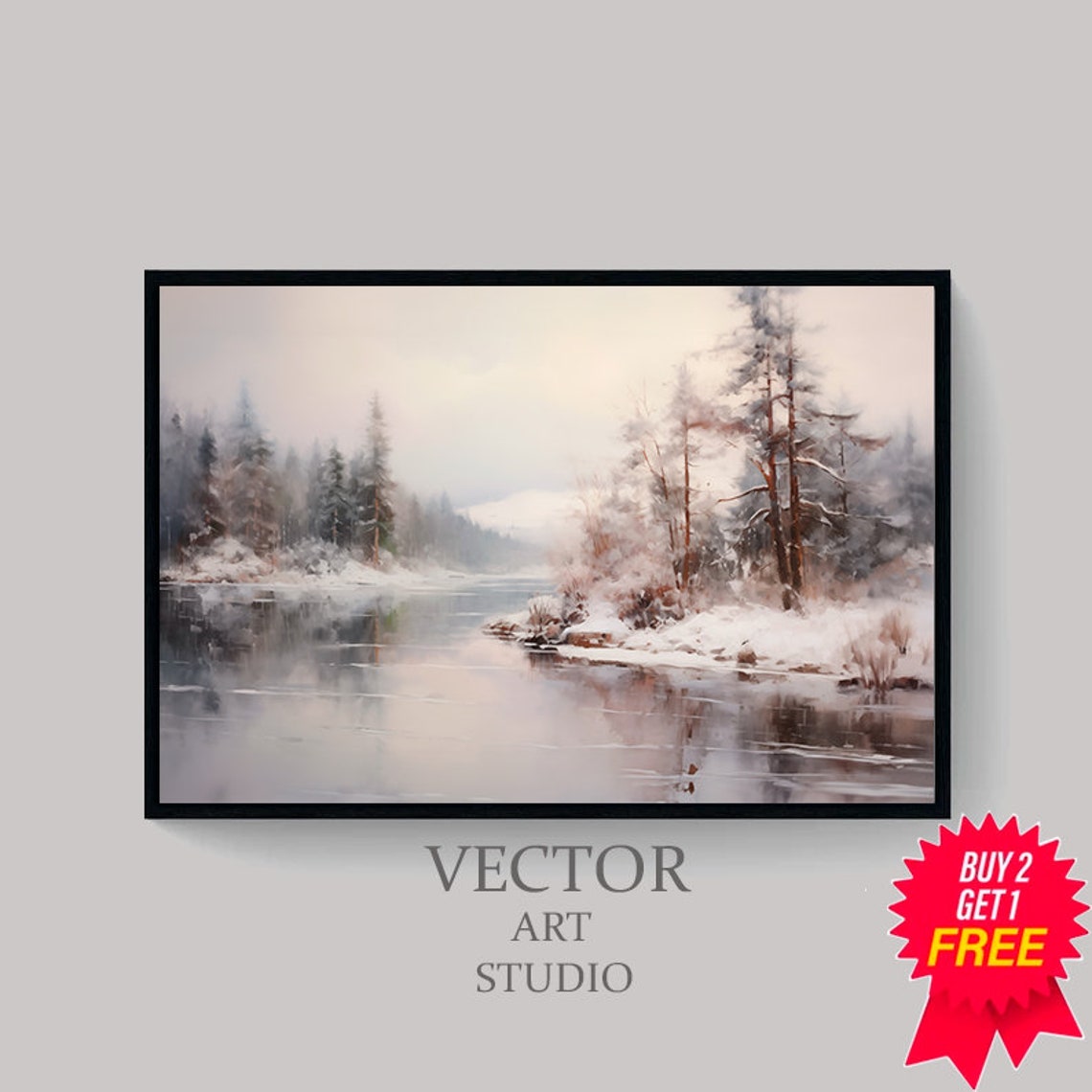 Snowy Winter Forest Lake Landscape in Soft Gray Tones Poster - Image 4
