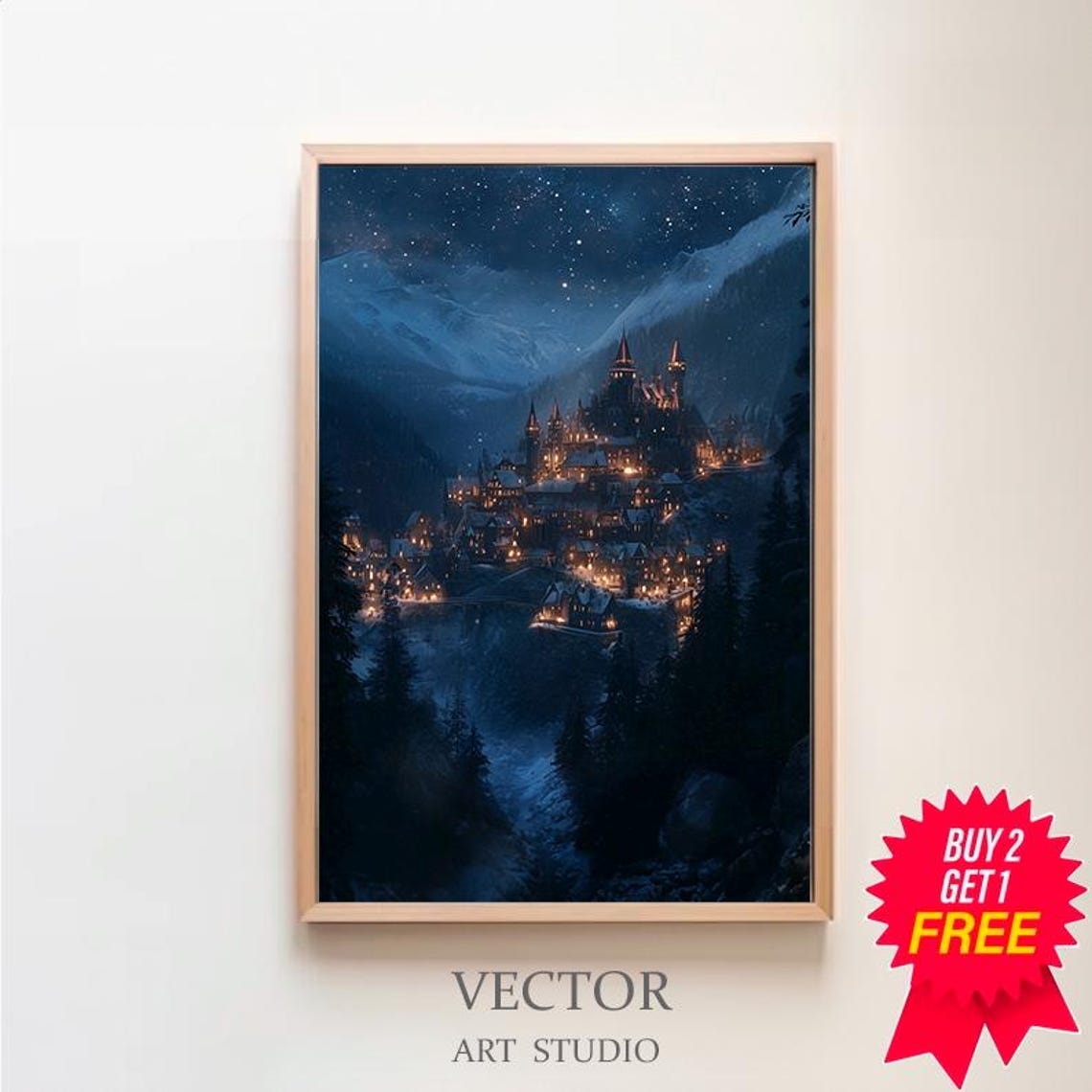 Moonlit Castle Town Under A Starry Night Blue Fantasy Poster
