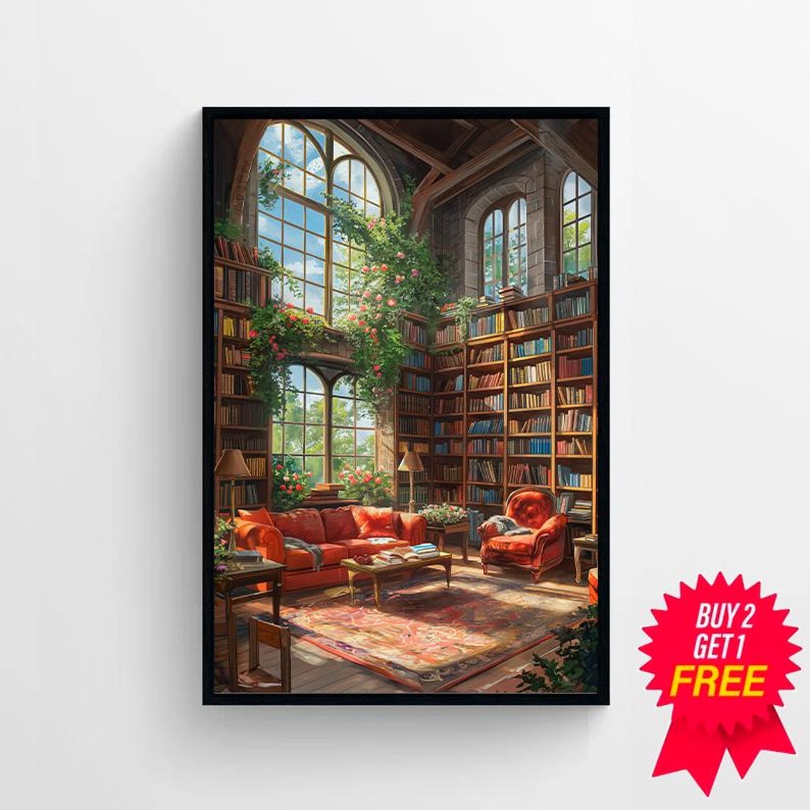 Grand Library Reading Nook with Sunlit Arched Windows Poster - Image 4