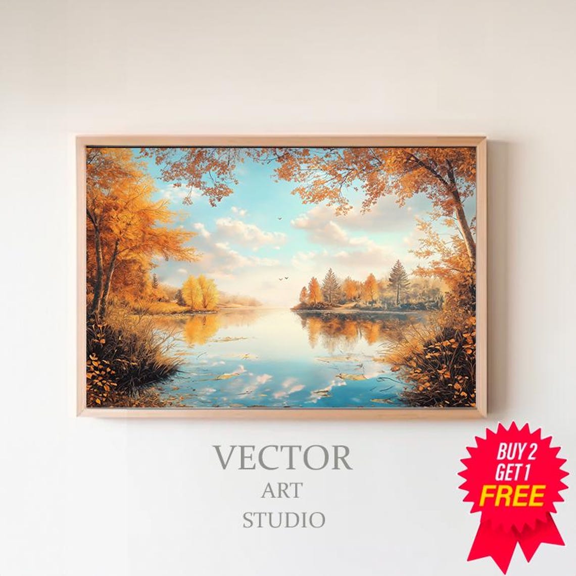 Golden Autumn Tree Branches Overlooking a Calm Reflective Lake Poster