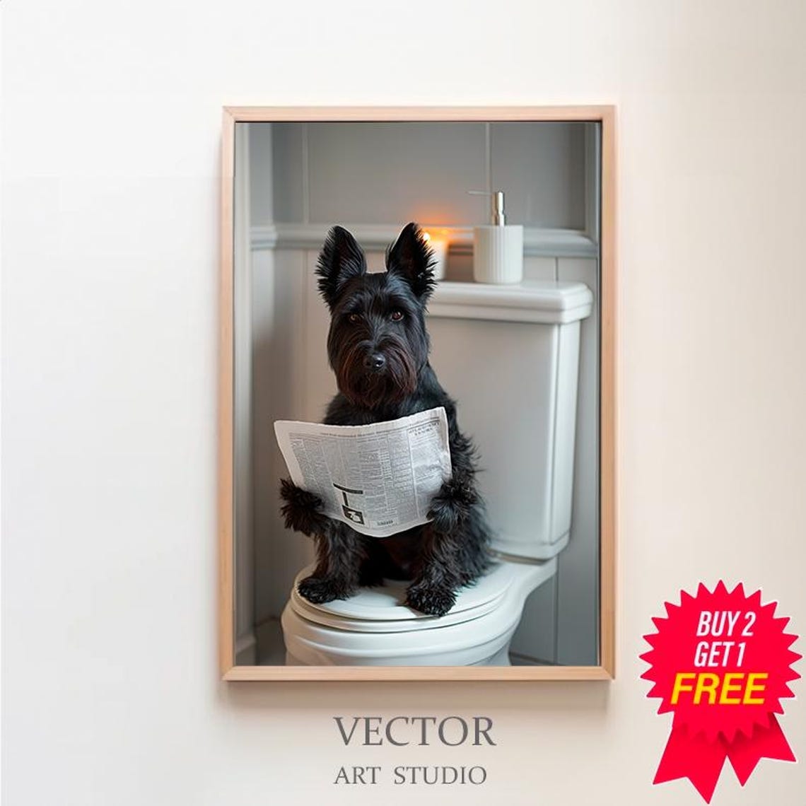 Funny Scottish Terrier Reading Newspaper on Toilet Bathroom Poster