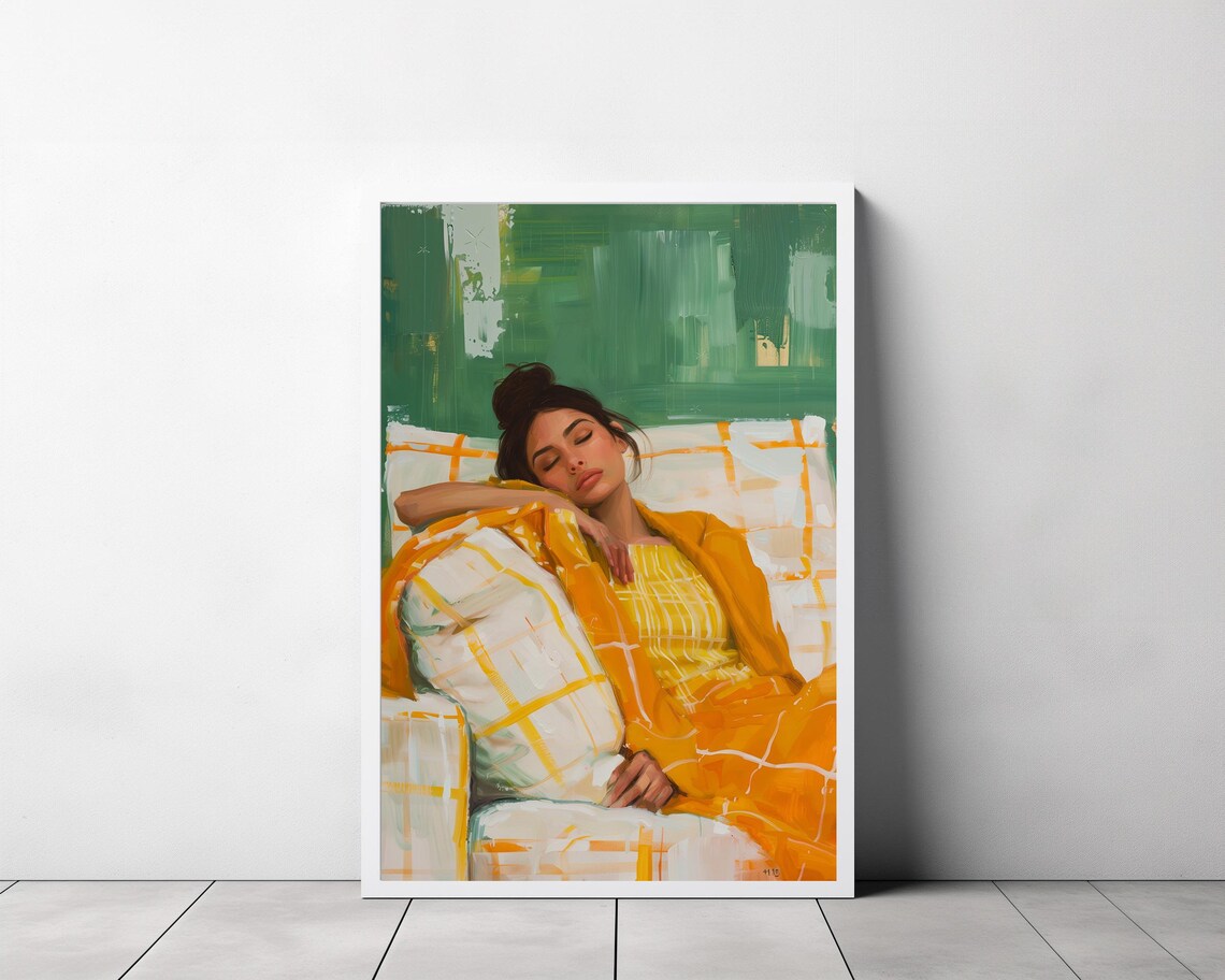 Painting of a Woman in Golden Yellow Lounging on a Checkered Couch Poster - Image 3