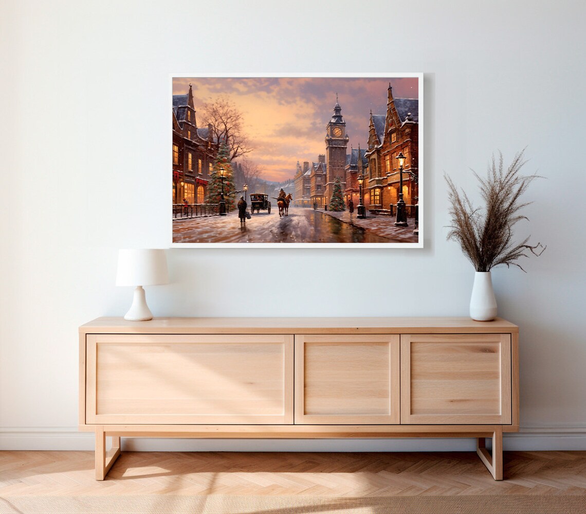 Victorian Christmas Street in Snow at Sunset Clock Tower Poster - Image 2