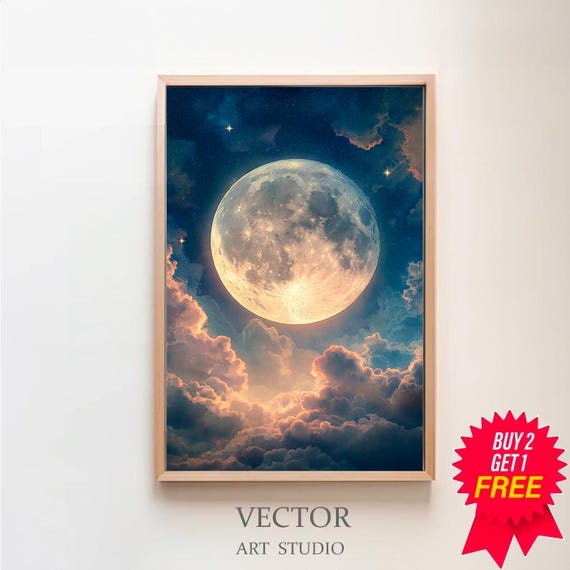 Enchanting Celestial Moon Art Print Vintage Inspired Dark Academia Dark Cottagecore Night Sky Painting