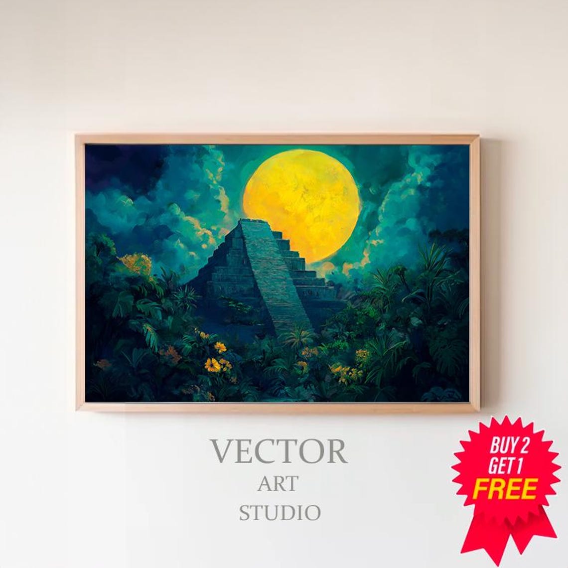 Ancient Step Pyramid Under Full Moon Tropical Jungle Art Print
