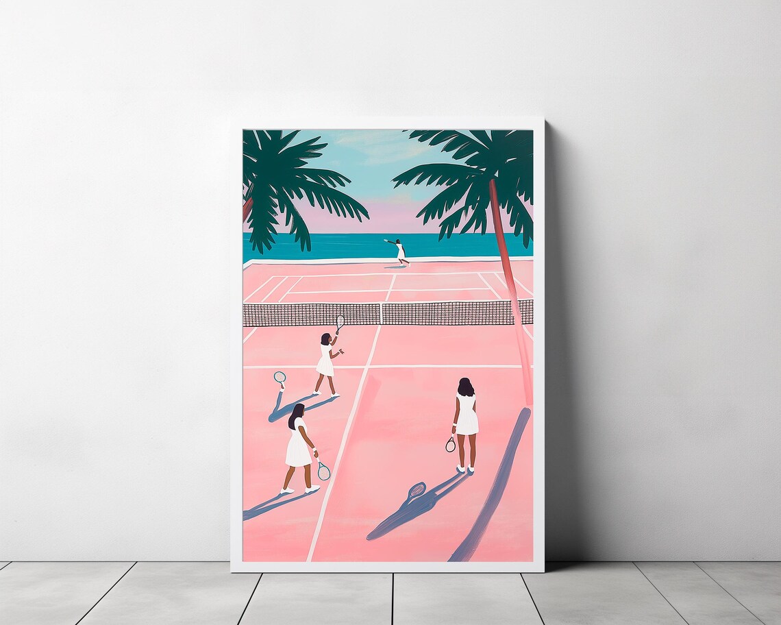 Beachside Tennis Players On A Pink Court With Palm Trees Poster - Image 3