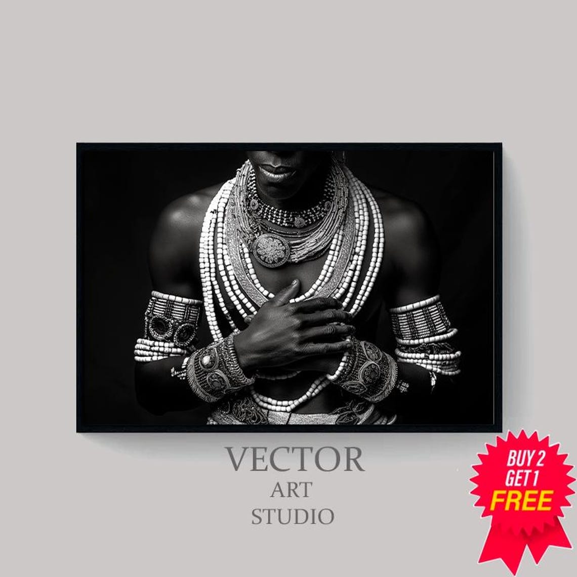Dramatic African Bead Necklace Portrait Black And White Poster - Image 4