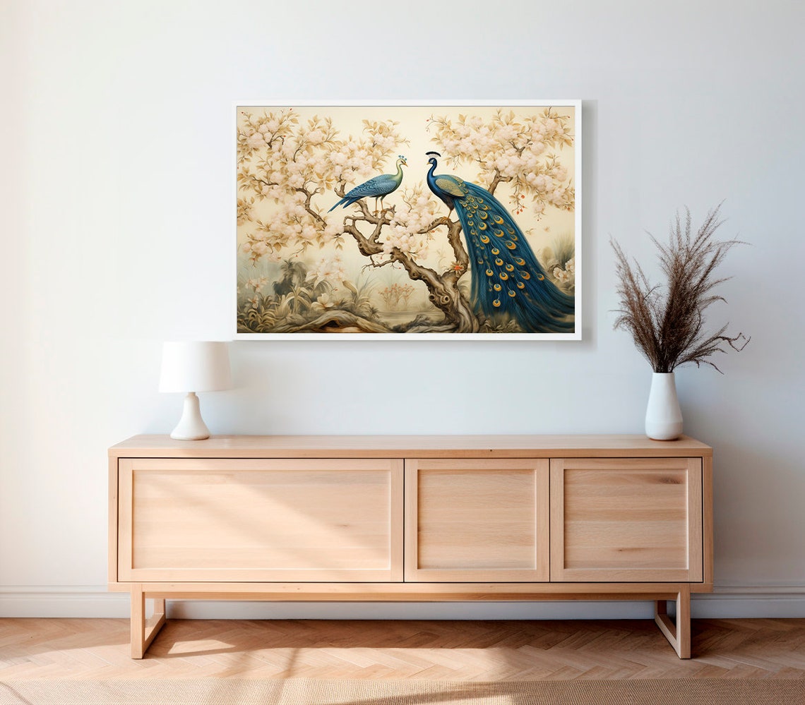 Peacock Pair Blooming Tree Facing Each Other Chinoiserie Poster - Image 2