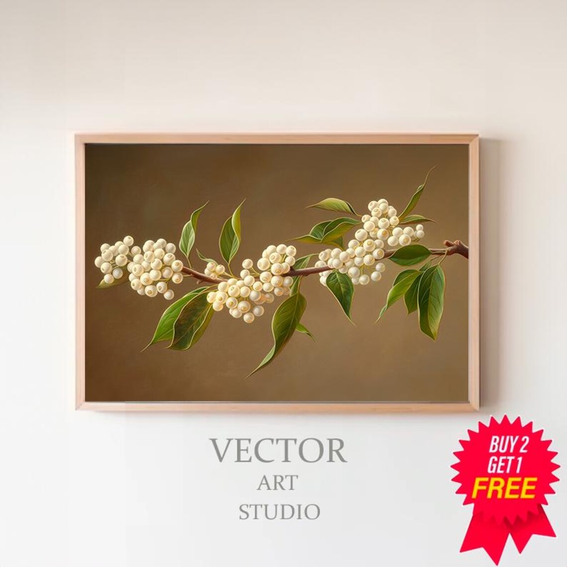White Winter Berries Branch Vintage Botanical Art on Brown Poster