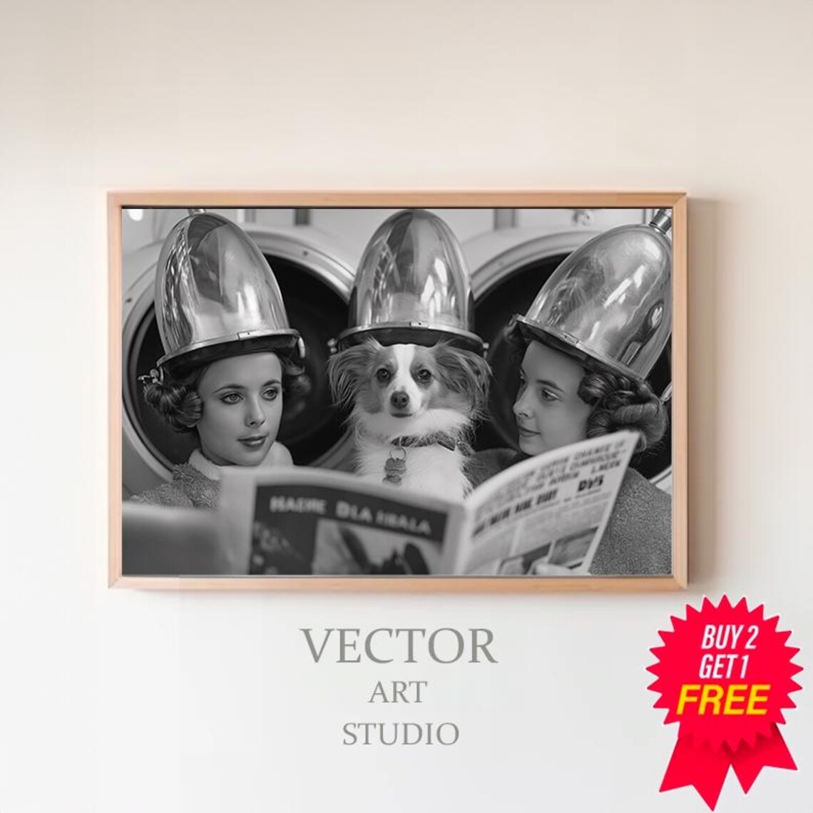 Funny Women with Dog Under Vintage Hair Dryers Reading News Poster