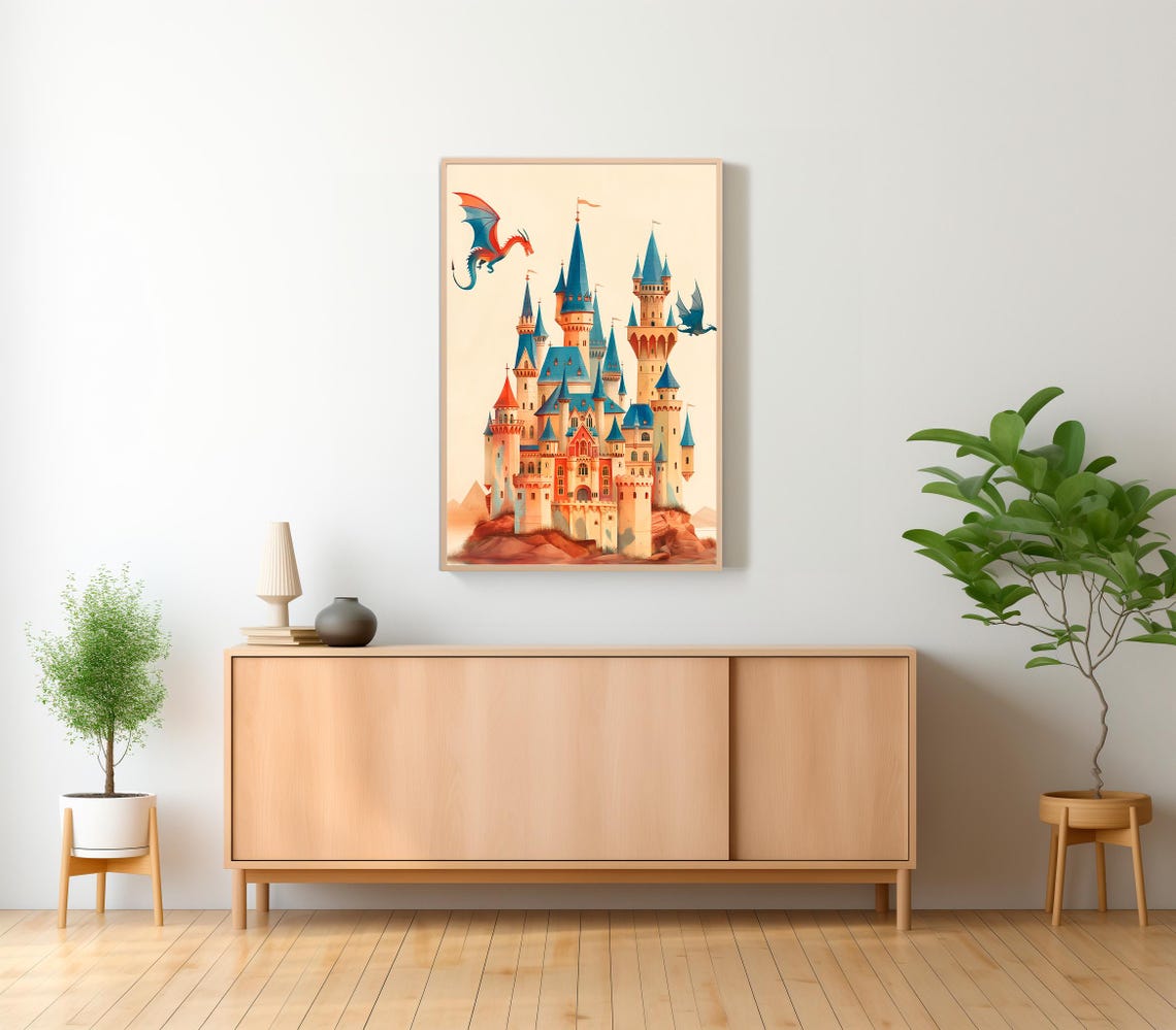Cliffside Castle Two Dragons Sunset Fantasy Kids Nursery Poster - Image 2