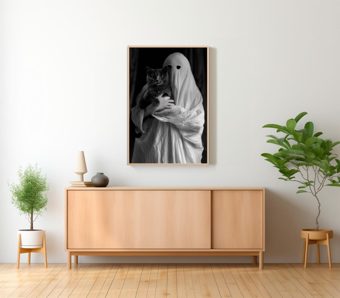 Cute Sheet Ghost Holding a Black Cat Black and White Halloween Poster - Image 2