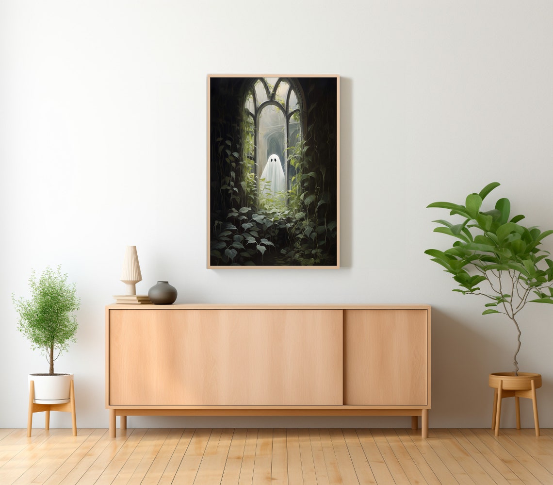 Ghost Peeking at a Vine-Covered Gothic Arch Ruined Window Poster - Image 2