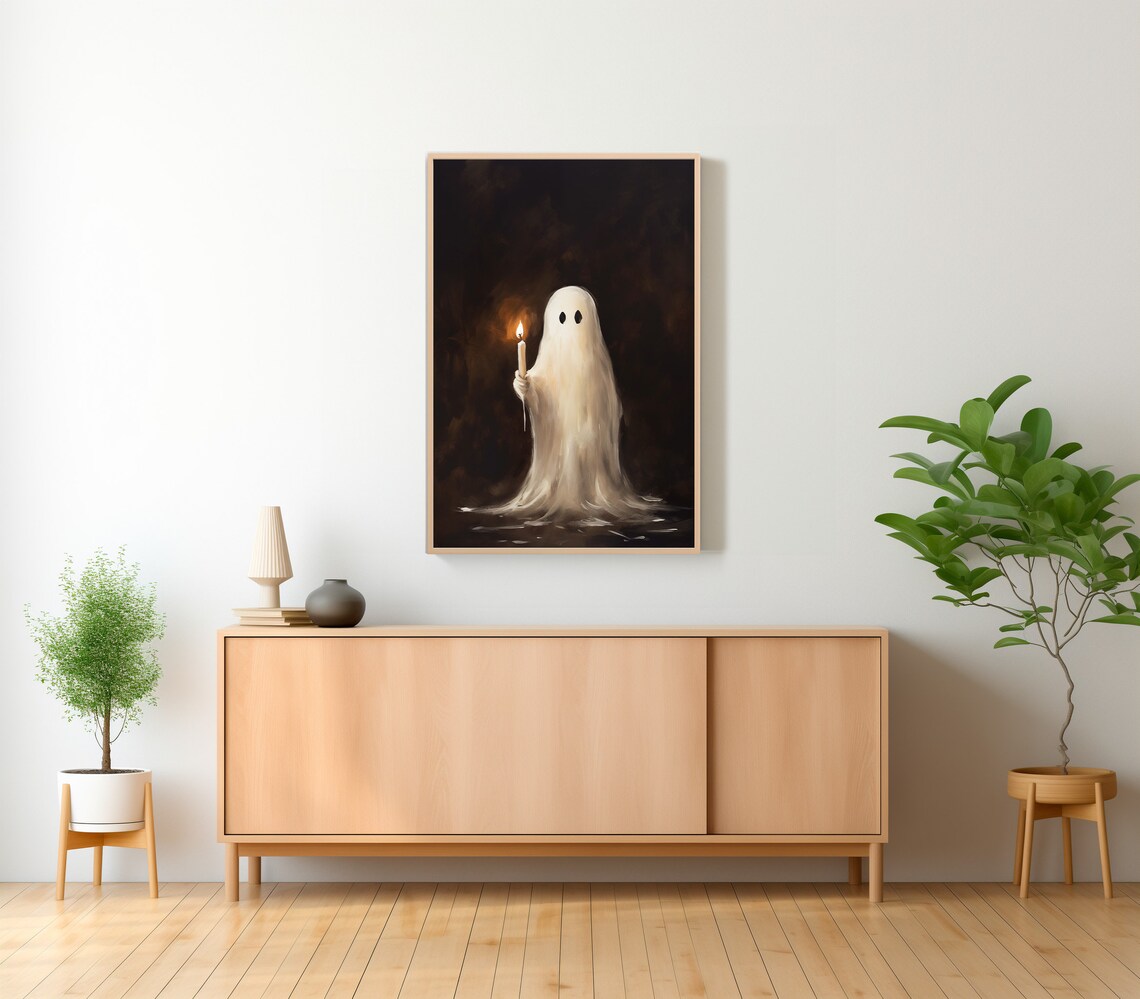 Haunting Ghost Holding Candle in Darkness Warm Glow Halloween Art Poster - Image 2