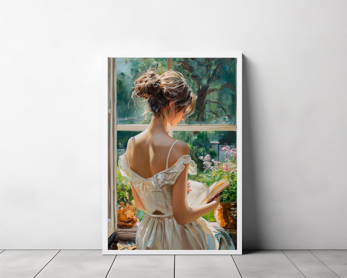 Woman Reading a Book at a Sunlit Garden Window Vintage Art Poster - Image 3