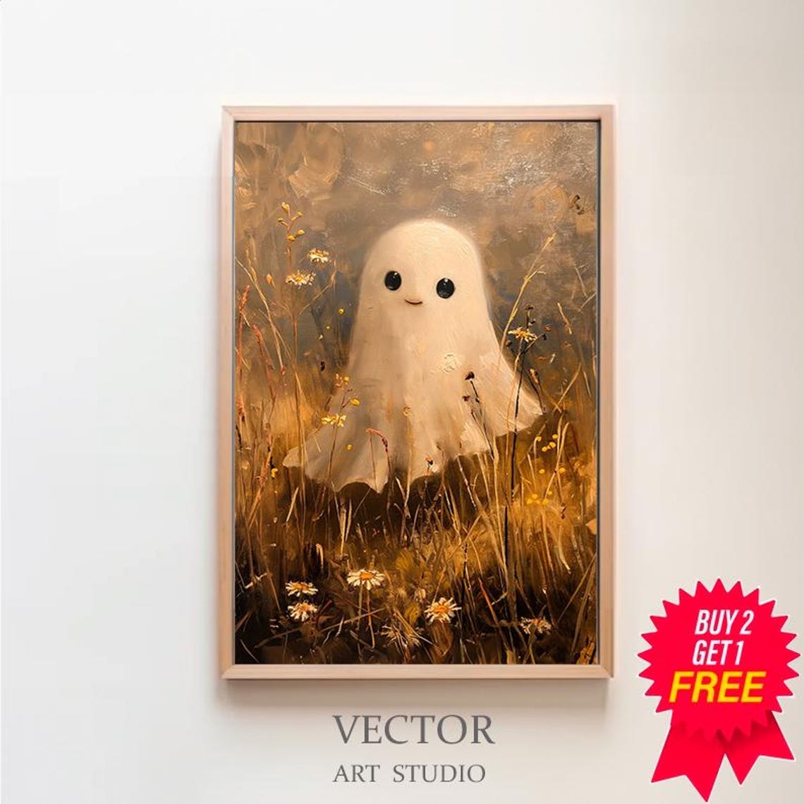 Cute Smiling Ghost Standing in a Golden Wildflower Meadow Art Poster