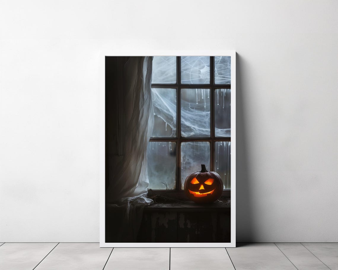 Jack O Lantern Glow on Cobweb Window Dark Moody Halloween Poster - Image 3