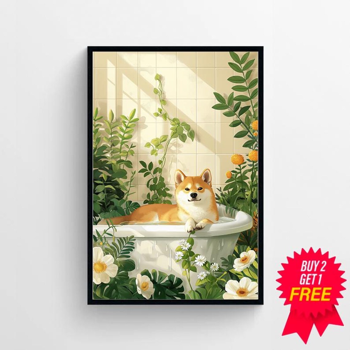 Smiling Shiba Inu in Sunny Bathtub with White Daisies Poster - Image 4