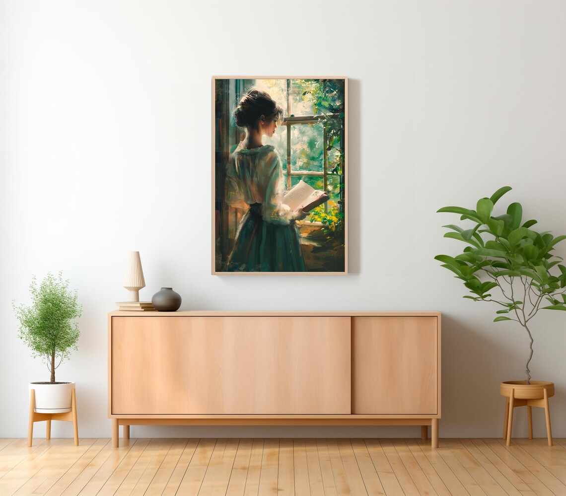 Woman Reading Beside a Sunlit Window Vintage Oil Painting Art Poster - Image 2