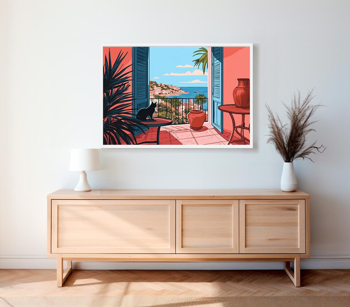 Mediterranean Terrace with Black Cat Coastal Town View Art Print - Image 2
