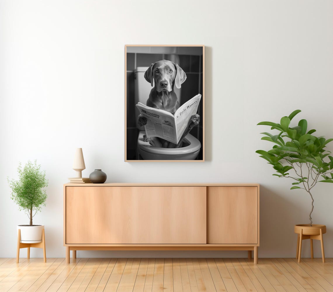 Grey Weimaraner Reading Newspaper on Toilet Funny Bathroom Poster - Image 2