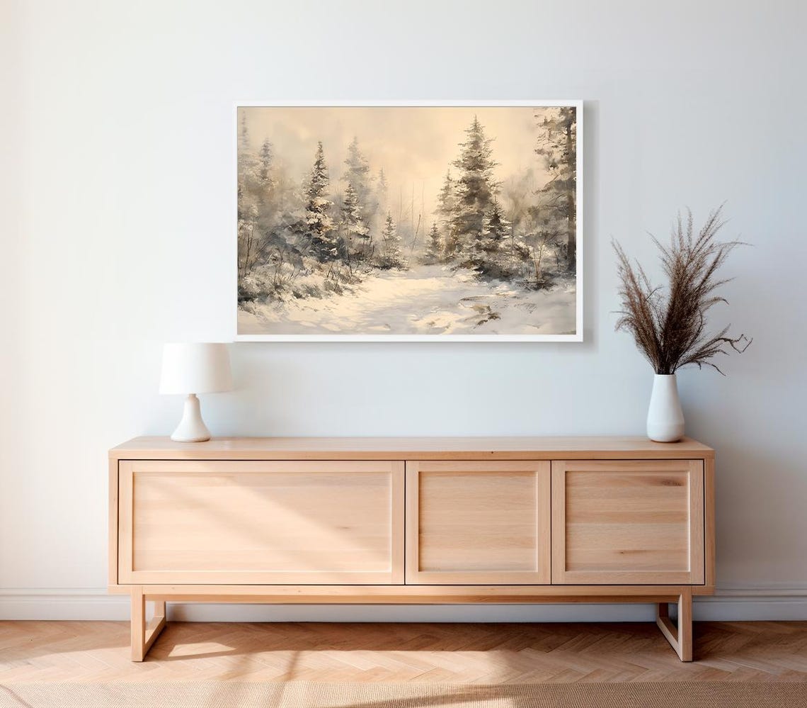 Snowy Pine Forest in Mist Neutral Winter Watercolor Forest Poster - Image 2