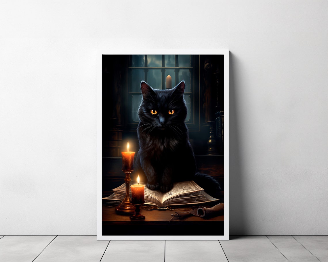 Black Cat Sitting With Open Book and Candles at Night Poster - Image 3