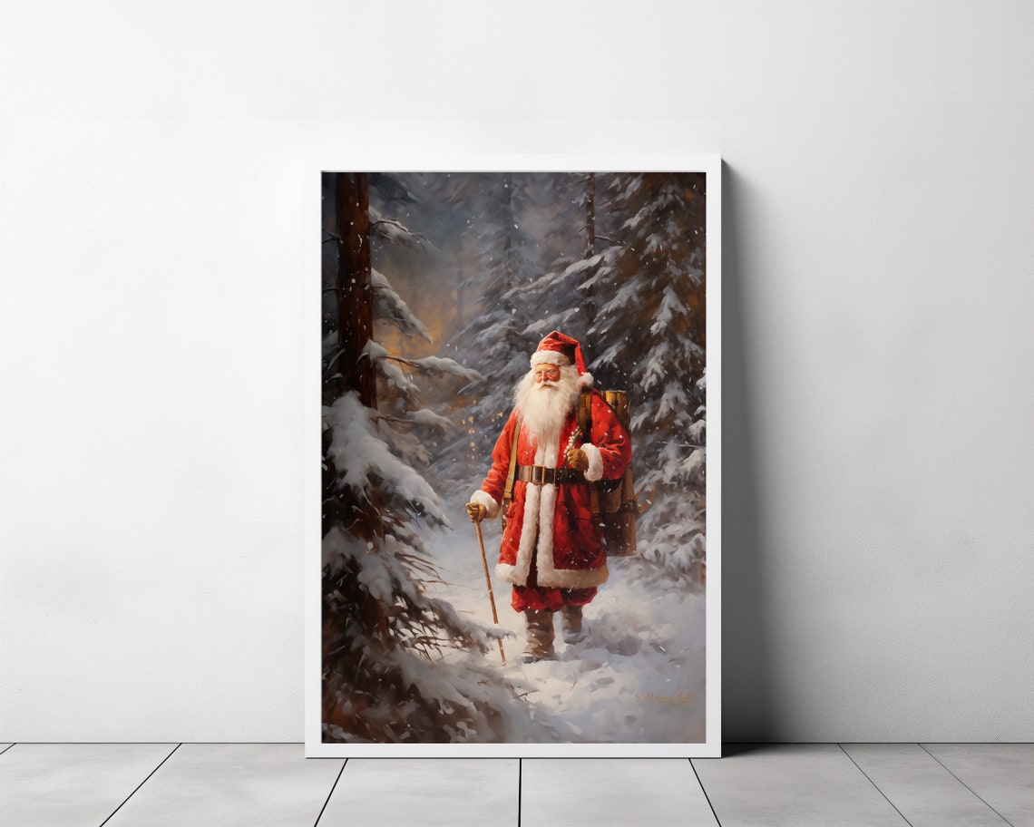 Santa Claus Hiking with a Backpack Through Snowy Pines Poster - Image 3