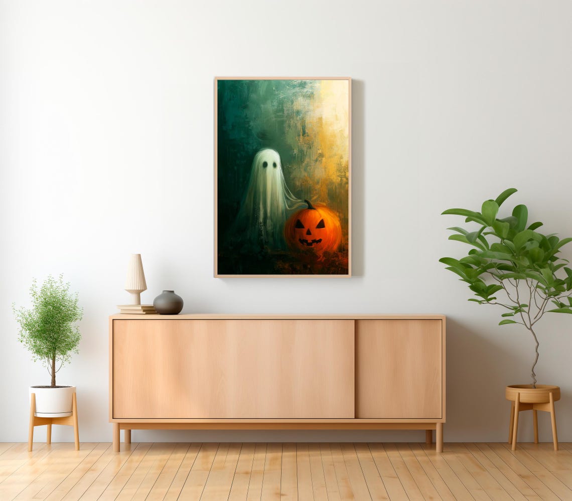 Sheet Ghost Beside a Glowing Jack-o-Lantern in Dark Woods Poster - Image 2