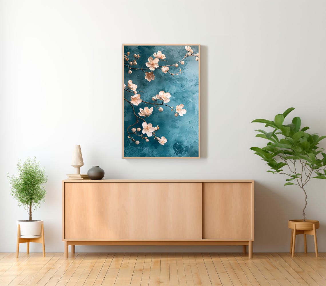 Pink Cherry Blossom Branches on Deep Teal Background Spring Poster - Image 2