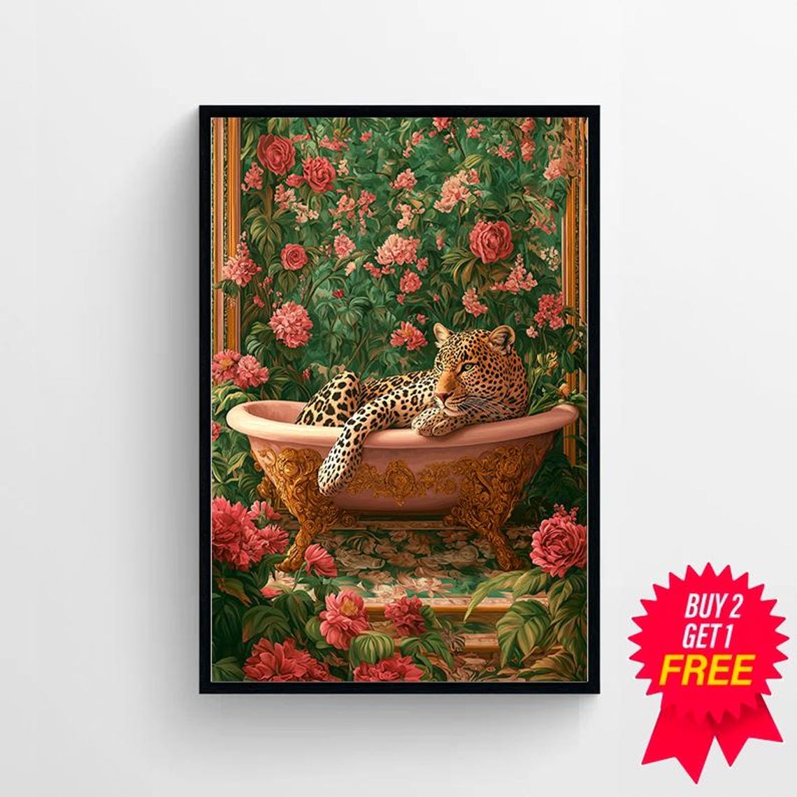 Leopard Lounging in a Pink Bathtub Surrounded by Roses Animal Poster - Image 4