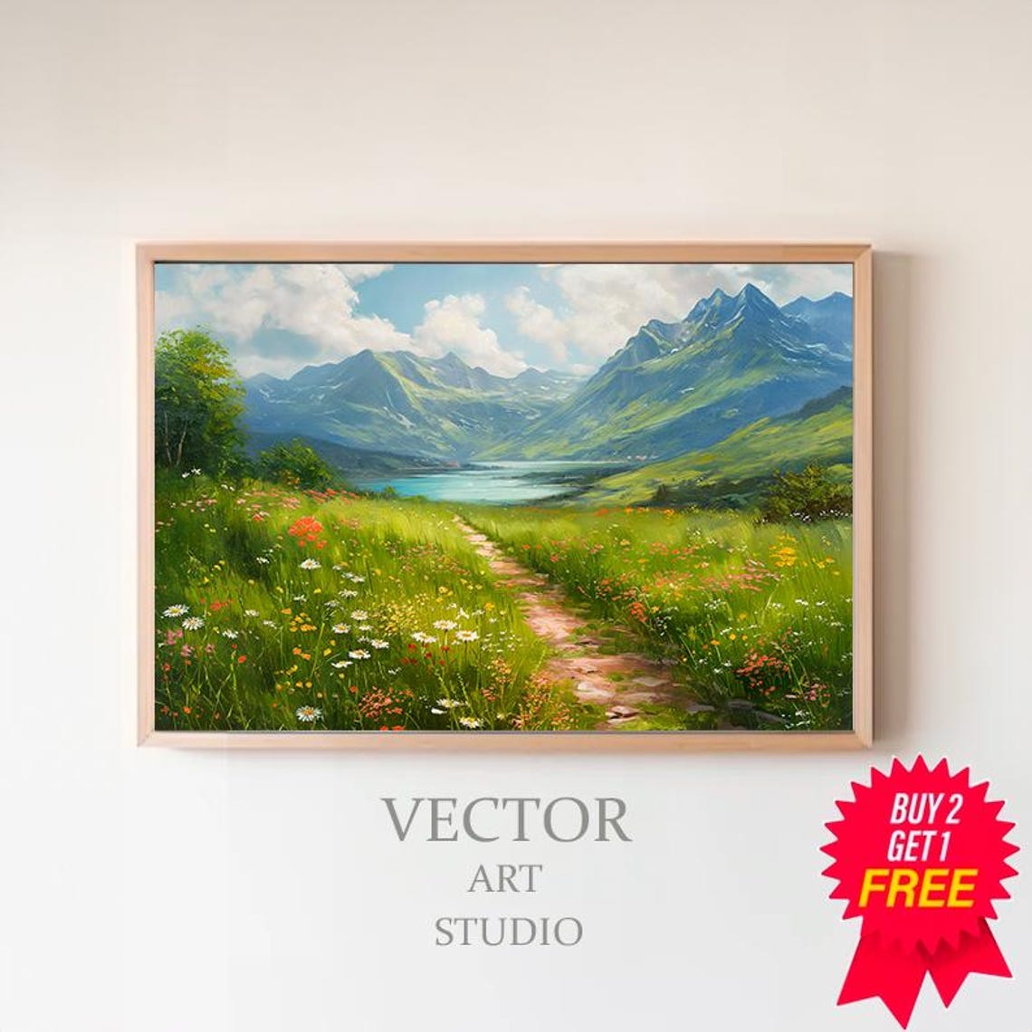 Sunny Alpine Meadow Wildflower Path Below Vintage Mountains Poster