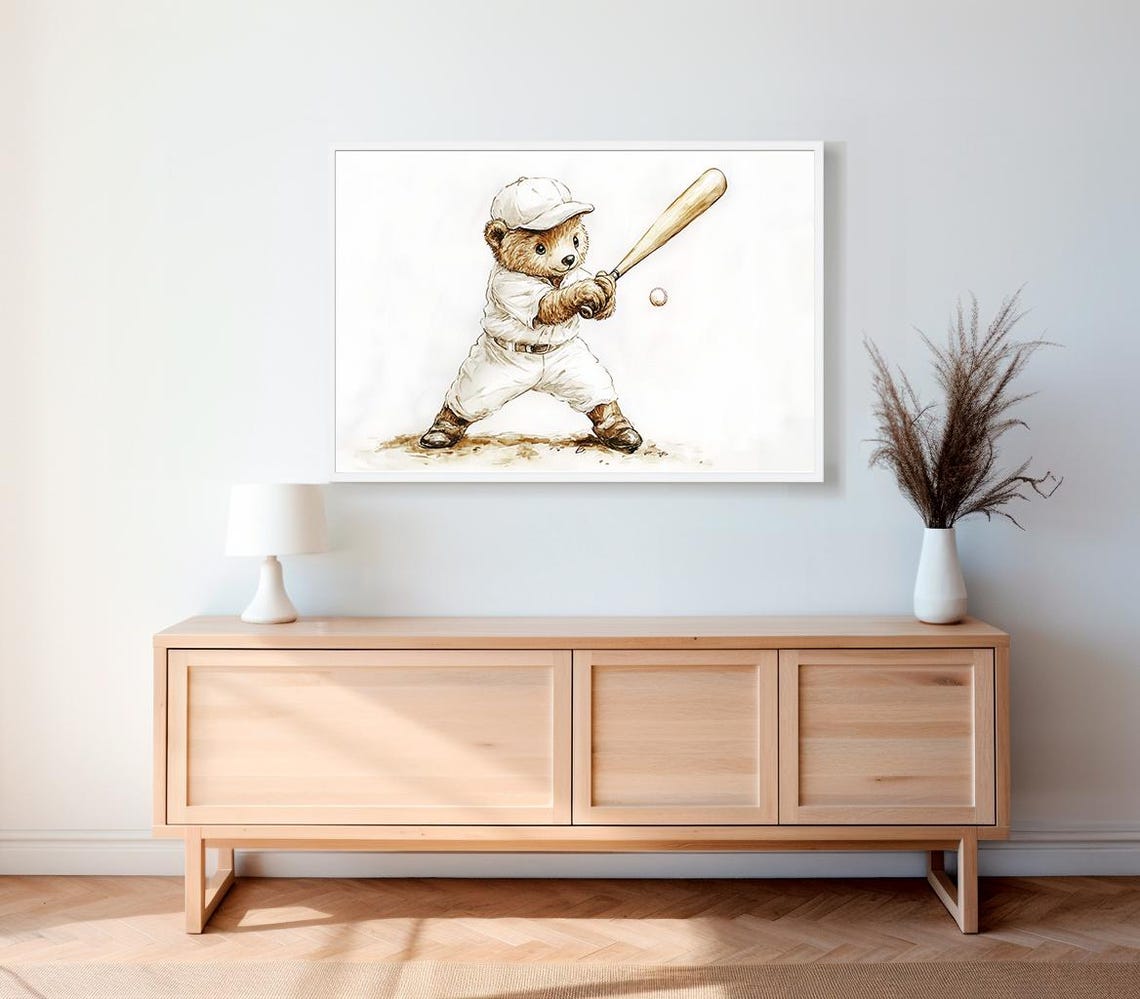 Teddy Bear Batter Mid Swing with Ball Baseball Nursery Poster - Image 2