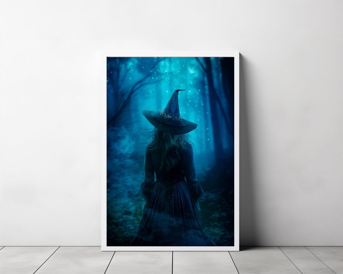 A Witch Walking Into A Glowing Blue Misty Forest Night Poster - Image 3