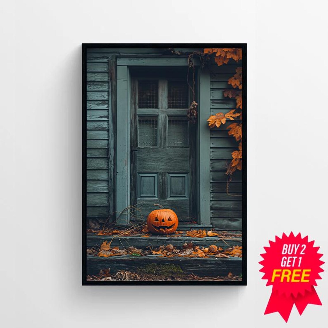 Jack O Lantern On Dark Teal Wooden Doorstep Halloween Poster - Image 4