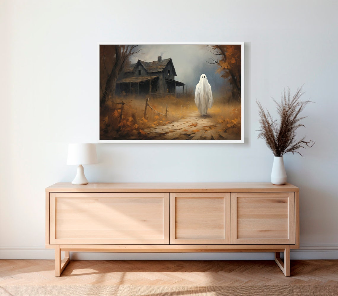 Ghost on Dirt Path to Old Farmhouse Foggy Autumn Halloween Poster - Image 2