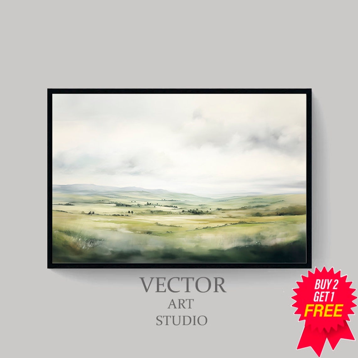 Misty Green Valley Soft Abstract Countryside Landscape Poster - Image 4