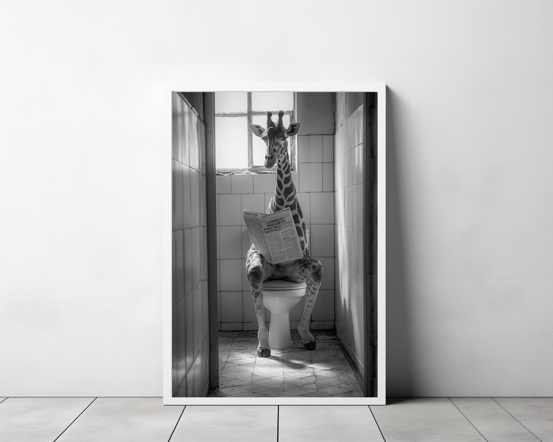 Giraffe Reading The Newspaper On The Toilet Humorous B&W Poster - Image 3