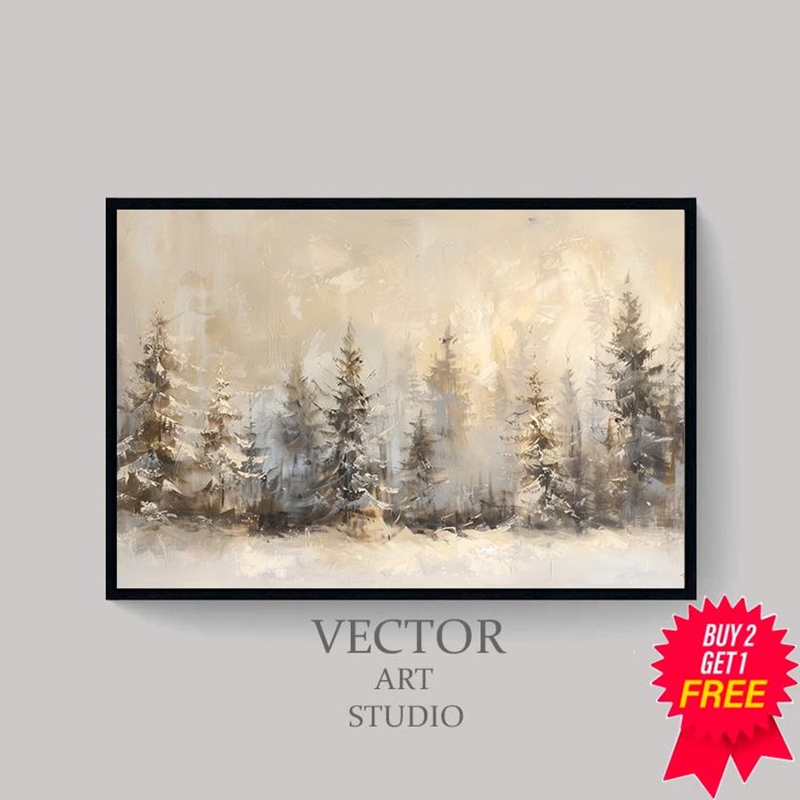 Golden Misty Winter Pine Forest Neutral Beige Landscape Poster - Image 4
