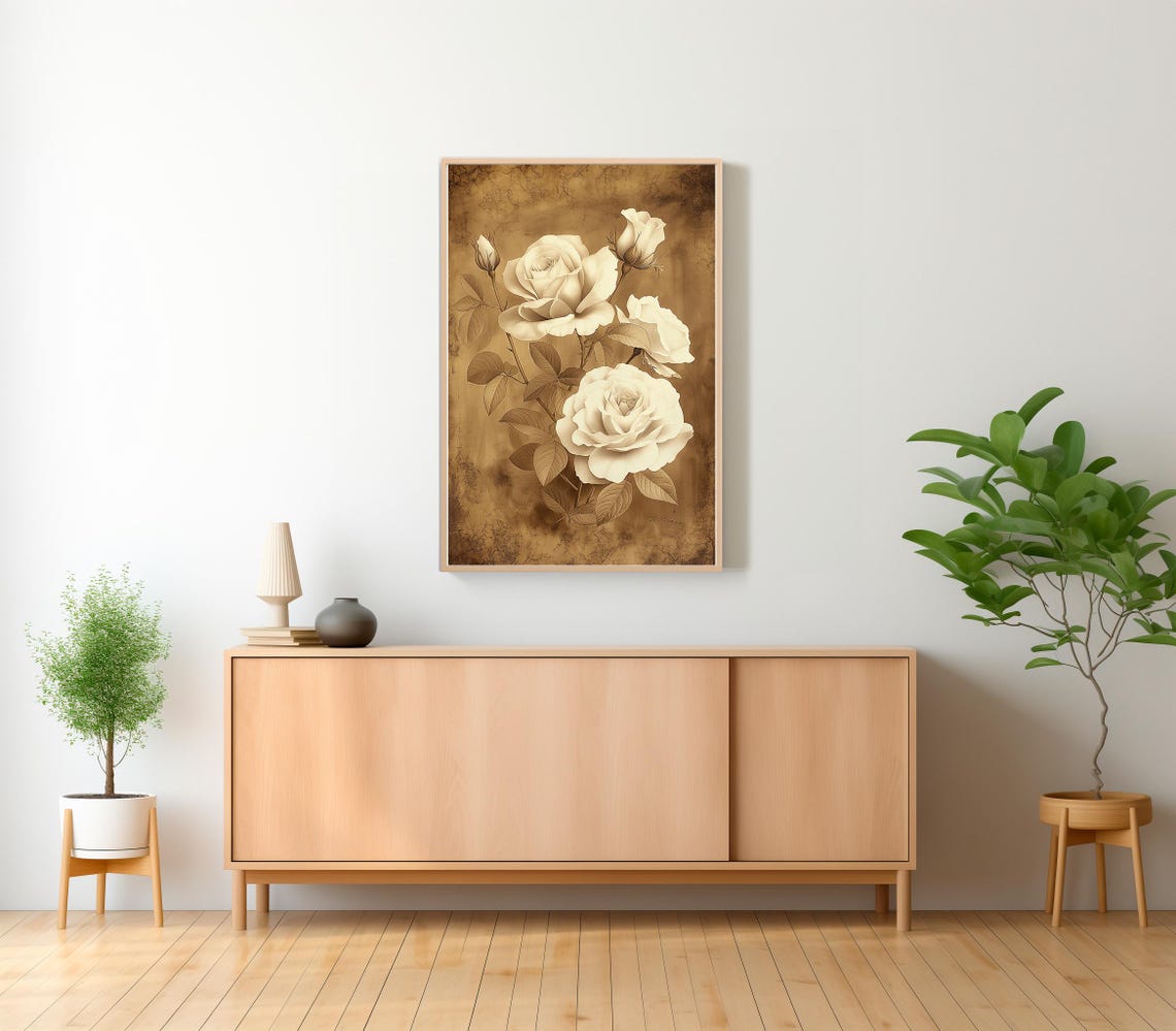 Antique Ivory Rose Bouquet Sepia Floral Botanical Vintage Poster - Image 2