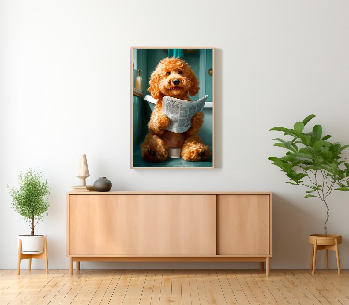 Happy Smiling Cockapoo Reading Newspaper on Toilet Bathroom Poster - Image 2