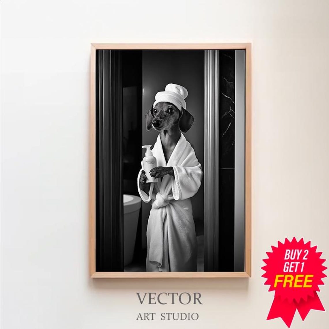 Dachshund In Bathrobe Standing In Shower Holding Soap Poster