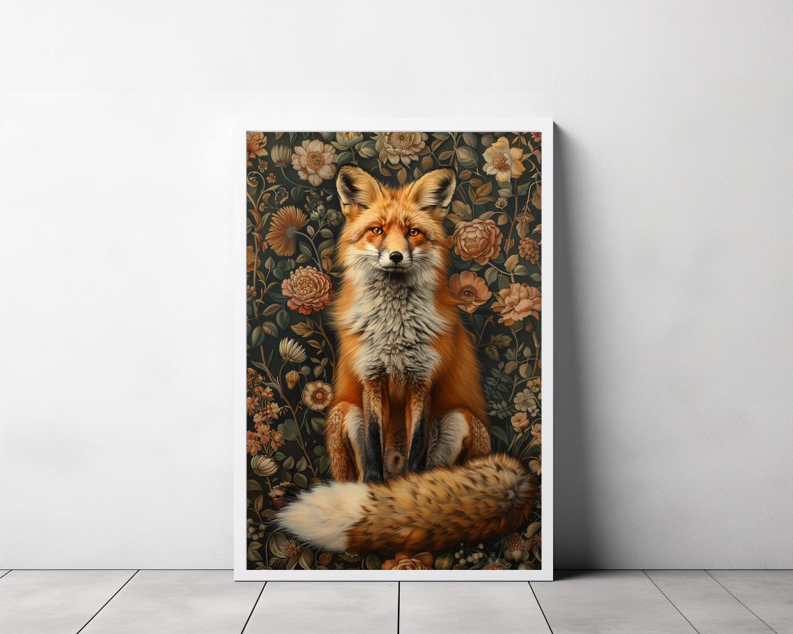 Red Fox in Vintage Floral Tapestry Woodland Botanical Poster - Image 3