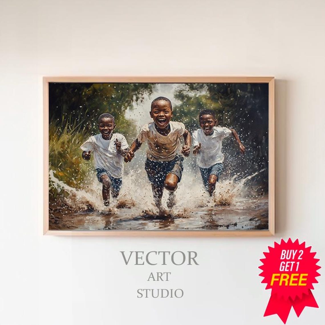Three Joyful African Boys Running Through Splashing Water Art Poster