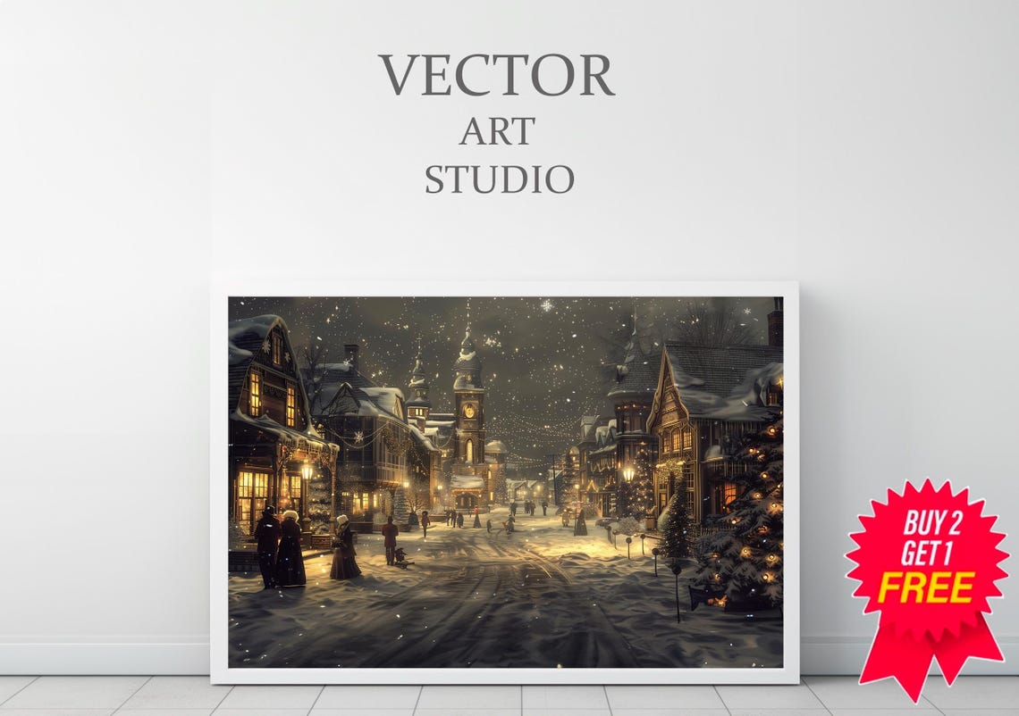 Snowy Village Street Glowing With Lights Under Starry Night Sky Poster - Image 3