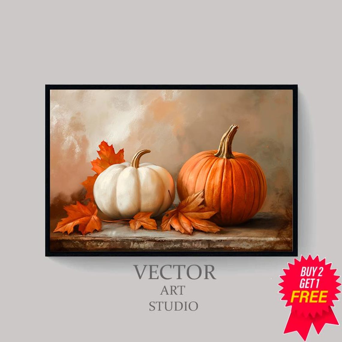 White And Orange Pumpkins With Maple Leaves On A Beige Poster - Image 4